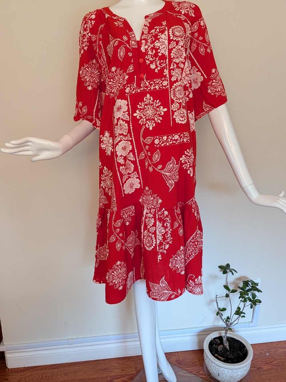 Boho Patchwork Red Mini Dress with Ruffle Hem - Picture 2 of 10